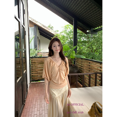 AS OFFICIAL早秋新款精致绝美法式V领褶皱系带泡泡袖衬衫女28730
