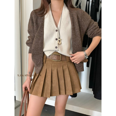 Y.JIA十三行秋季新款显瘦減龄学院风百褶a字半身裙女配腰带652-5