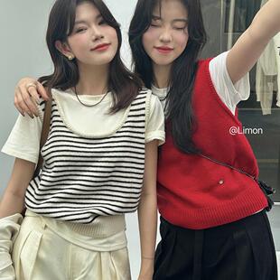 THE LIMON柠檬绿茶秋季松弛感叠穿韩系U领金属标条纹针织衫马甲女