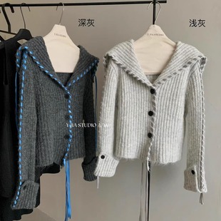 保暖毛衣女676 慵懒风宽松大翻领设计感飘带针织开衫 伊嘉 Y.JIA