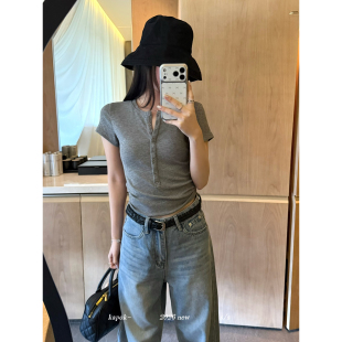 KAPOK十三行春夏季韩系正肩百搭显瘦修身tee半开扣短袖T恤女26103