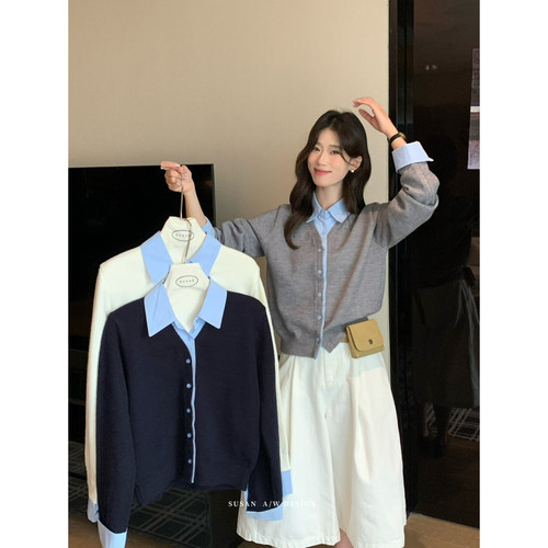 SUSAN十三行秋季衬衫撞色衬衫领袖口拼接百搭通勤针织开衫女6533s