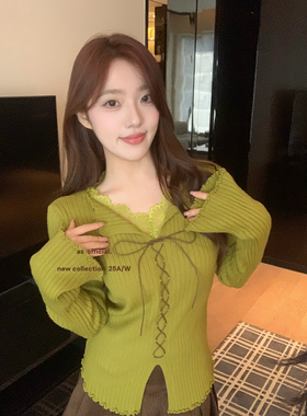 AS OFFICIAL十三行显瘦秋春秋浪漫蕾丝拼接绑带针织衫上衣女13985
