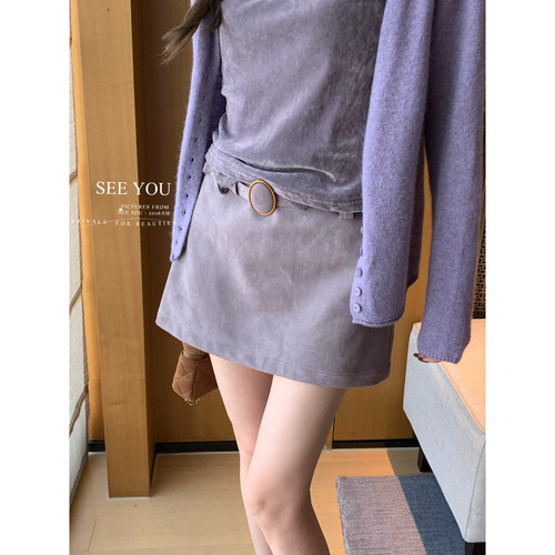 SEE YOU秋冬季金属扣加厚绒感显瘦麂皮绒短裙半身裙女配腰带F658