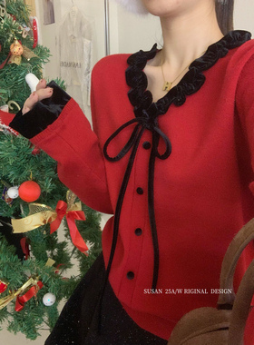 SUSAN十三行冬季重工蝴蝶结v领丝绒拼接叠穿长袖针织开衫女1509s