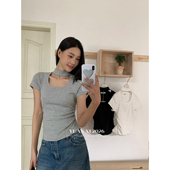 韩系褶皱挂脖设计短袖 夏季 T恤休闲上衣女263007 熙 十三行YUANXI元