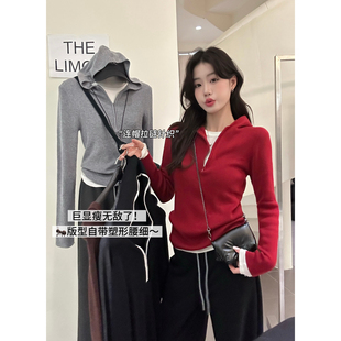 THE LIMON柠檬绿茶秋冬季纯色慵懒弹力连帽半拉链针织衫女DF003