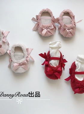 冬季新款婴儿鞋公主鞋蝴蝶结毛毛鞋棉鞋软底防滑学步鞋0-1岁加绒