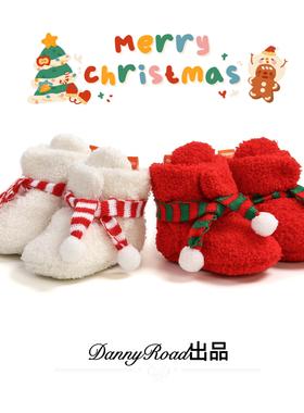 冬季新款棉鞋宝宝靴子加绒毛毛靴软底保暖婴儿鞋圣诞鞋红色过年穿