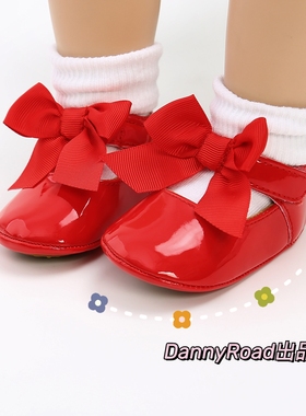 秋季新款宝宝鞋婴儿鞋公主鞋蝴蝶结亮皮面生日鞋红色软底学步鞋女