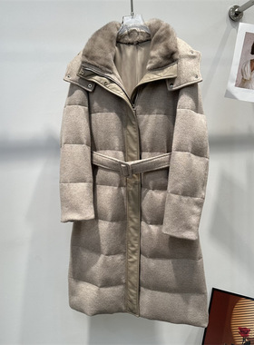 LP冬收腰连帽款羊绒羊毛呢厚90白鹅绒羽绒服女2025年新款长款外套