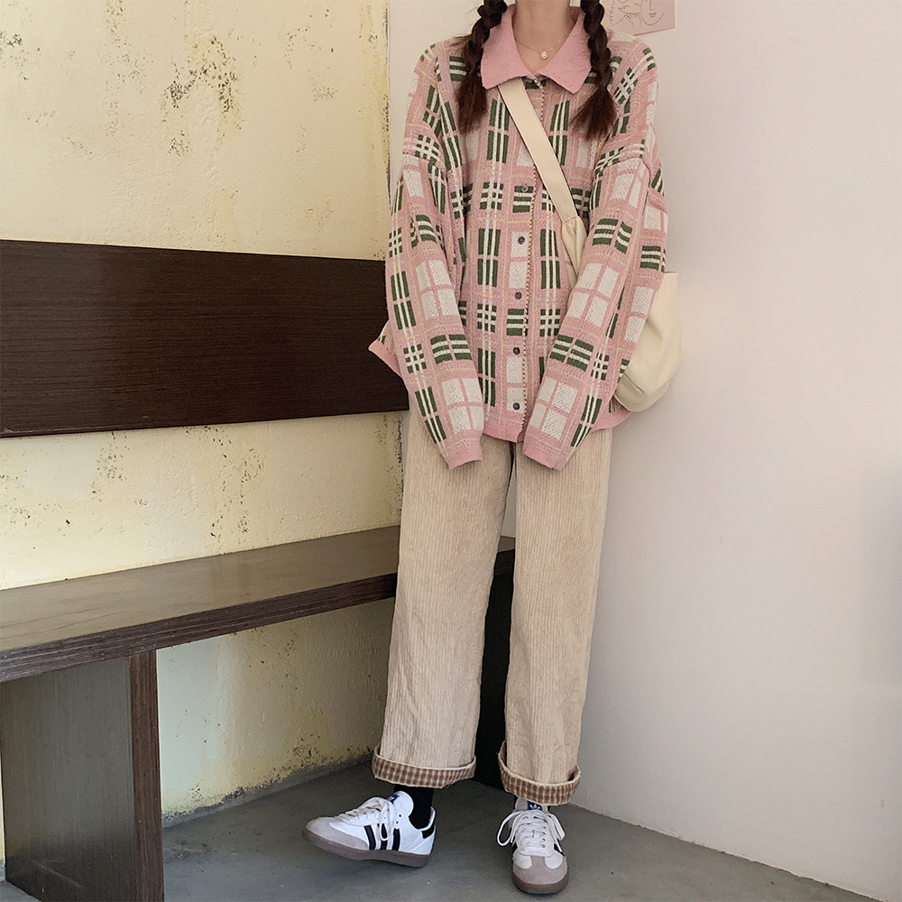 實拍實價~chic格子翻領開衫保暖針織外套女潮