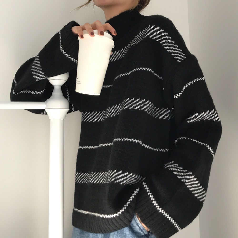 實拍實價~chic兔絨紗條紋針織衫毛衣潮女