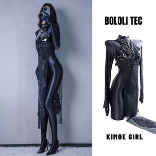 BOLOLI原创黑色马油紧身御姐蕾丝高叉漆皮旗袍套装COS二次元穿搭
