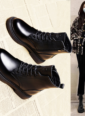 真皮马丁靴女英伦风机车2025年新款秋冬加绒棉鞋瘦瘦靴绑带黑短靴