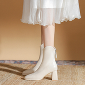 真皮版 高跟短靴女2025秋冬加绒杏色瘦瘦靴子粗跟法式 洋气小踝靴