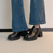 羊皮版 单鞋 英伦风乐福鞋 女黑色厚底粗跟一脚蹬复古小皮鞋