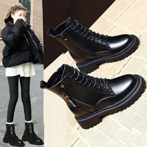 真皮马丁靴女靴子2026新款秋冬加绒爆款厚底今年流行的黑粗跟短靴