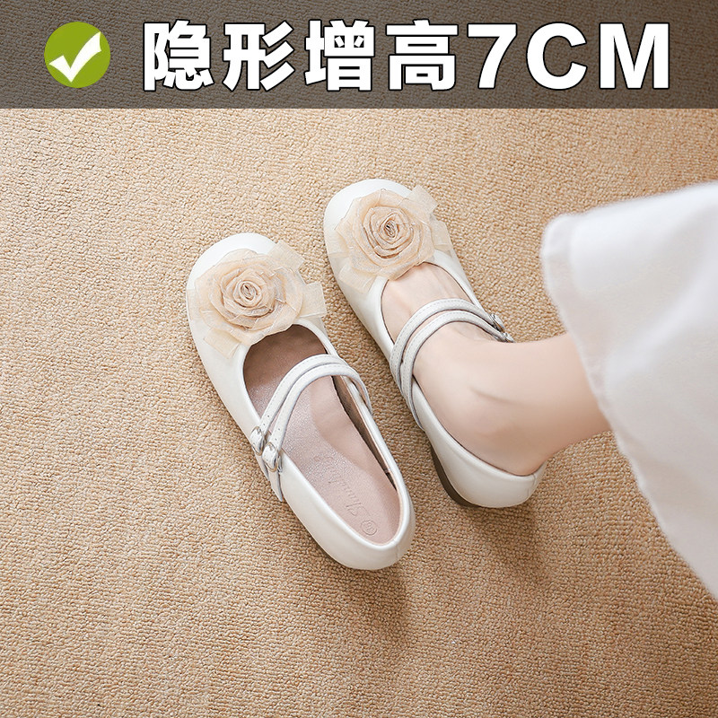 法式花朵内增高粗跟玛丽珍单鞋