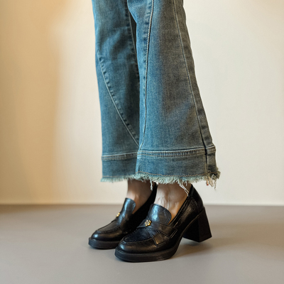 羊皮版~英伦风乐福鞋女黑色厚底粗跟一脚蹬复古小皮鞋单鞋