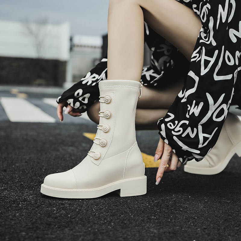 真皮内增高马丁靴女2025秋新款百搭靴子白色英伦风秋冬短靴