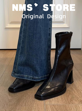 羊皮版~法式方头粗跟短靴女2025秋冬加绒黑瘦瘦靴高跟洋气小靴子