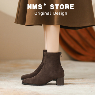 法式绒面时装小短靴女2025秋冬新款爆款粗跟洋气小个子高跟瘦瘦靴