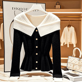 毛衣欧洲站上衣 显瘦收腰短款 高端欧货小香风翻领针织衫 女秋冬大码