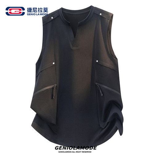 GENIOLAMODE夏季美式圆领背心男士薄款设计感无袖衣潮流T恤衫衣服