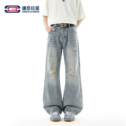 捷尼拉莫美式破洞弯刀牛仔裤男女
