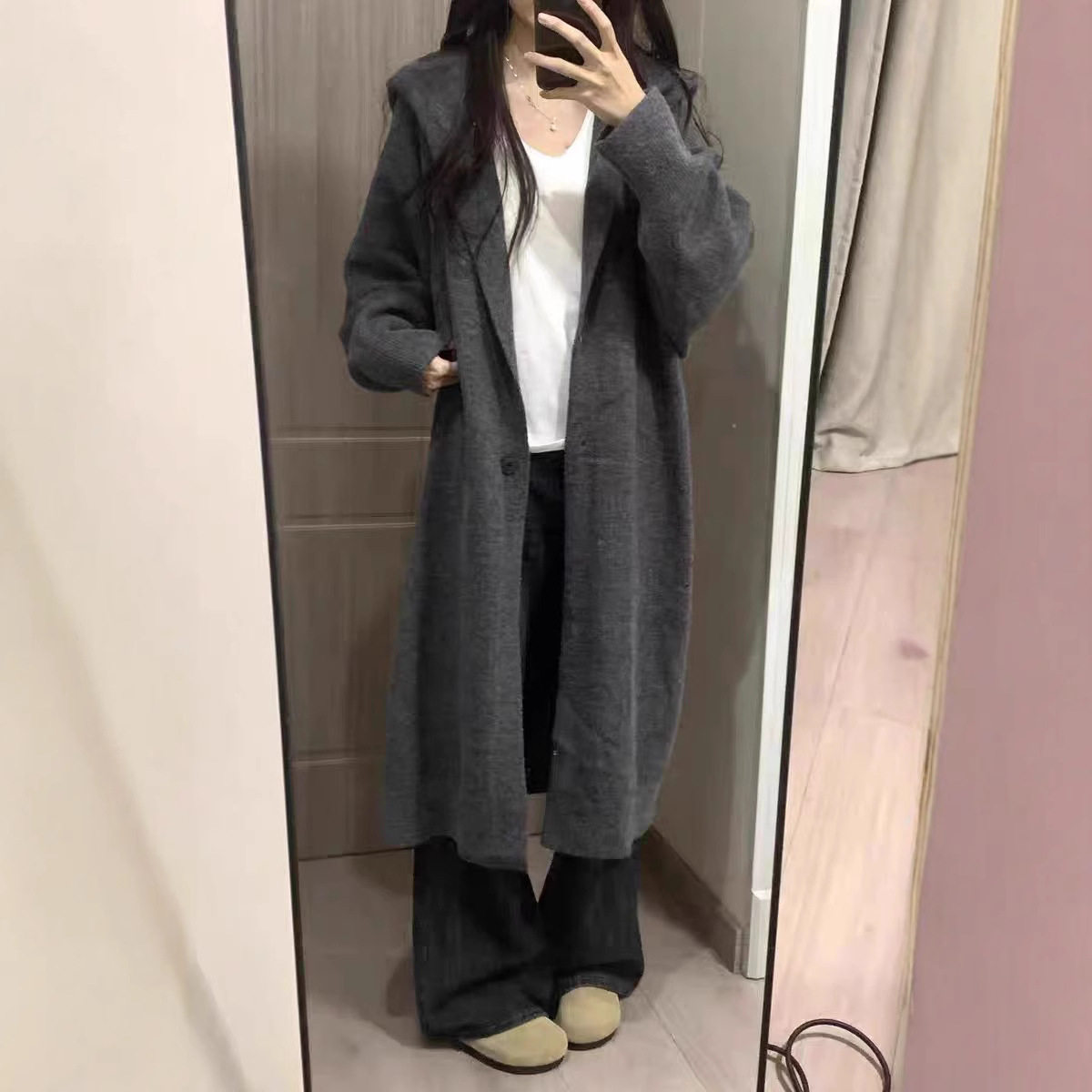 韩系女装加长款秋冬新款慵懒风连帽针织开衫宽松厚毛衣外套大衣