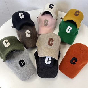 秋冬新款针织鸭舌帽男女韩国进口代购字母C刺绣羊毛皮带口棒球帽