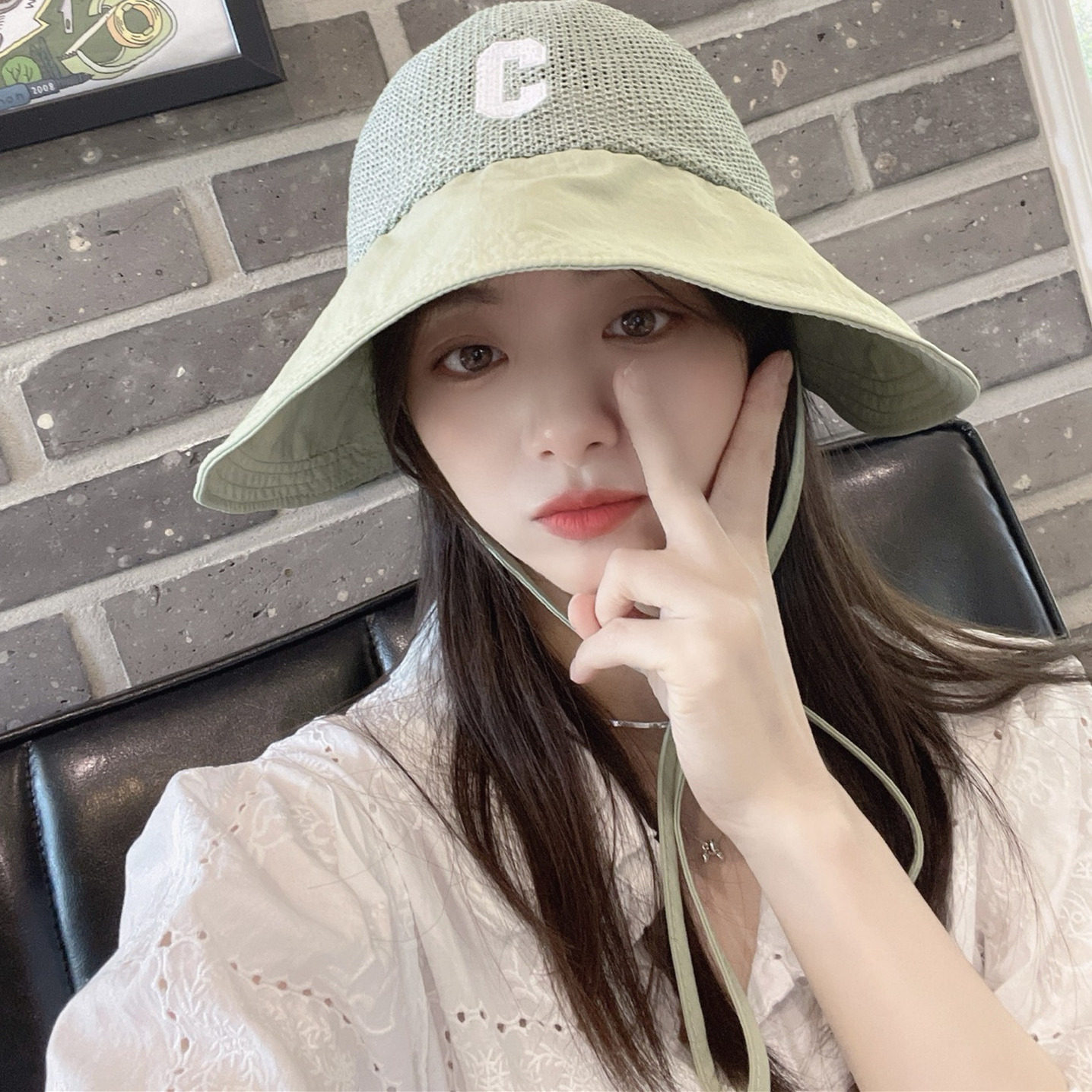 春夏韩国正品进口大檐防晒遮阳帽女拼接防风字母C刺绣编织渔夫帽