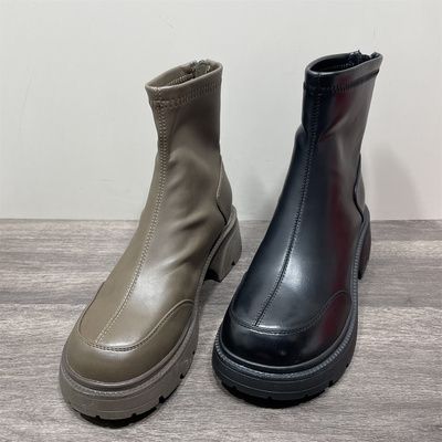 时尚后拉链圆头粗跟短靴女