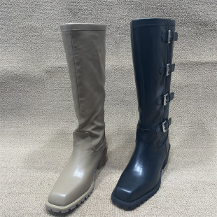 断码 高筒靴皮带扣长靴英伦风骑士靴粗跟显瘦机车靴女 处理秋冬新款