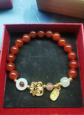 新款天然红玛瑙925银福字手链玉髓水晶原石单圈串珠手串女饰品