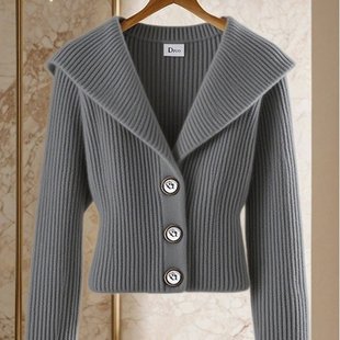 极简风别致绝美坑条纹灰色针织开衫女款秋冬季高级感显瘦百搭外套