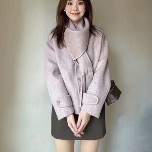 羊毛大衣女短款2025年秋冬新款高级设计感夹棉羊绒围巾领毛呢外套