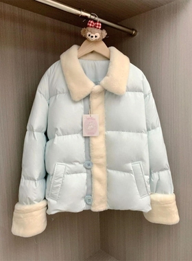 韩版拼接毛领奶蓝色高级感棉服棉袄冬季立领加厚保暖外套