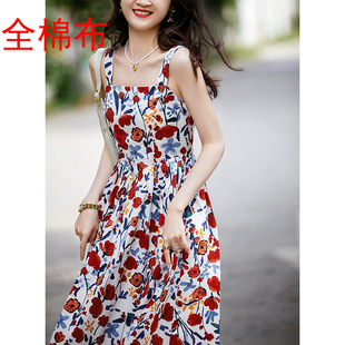 2509印花背心裙方领吊带连衣裙 大摆剪裁伞裙半裙