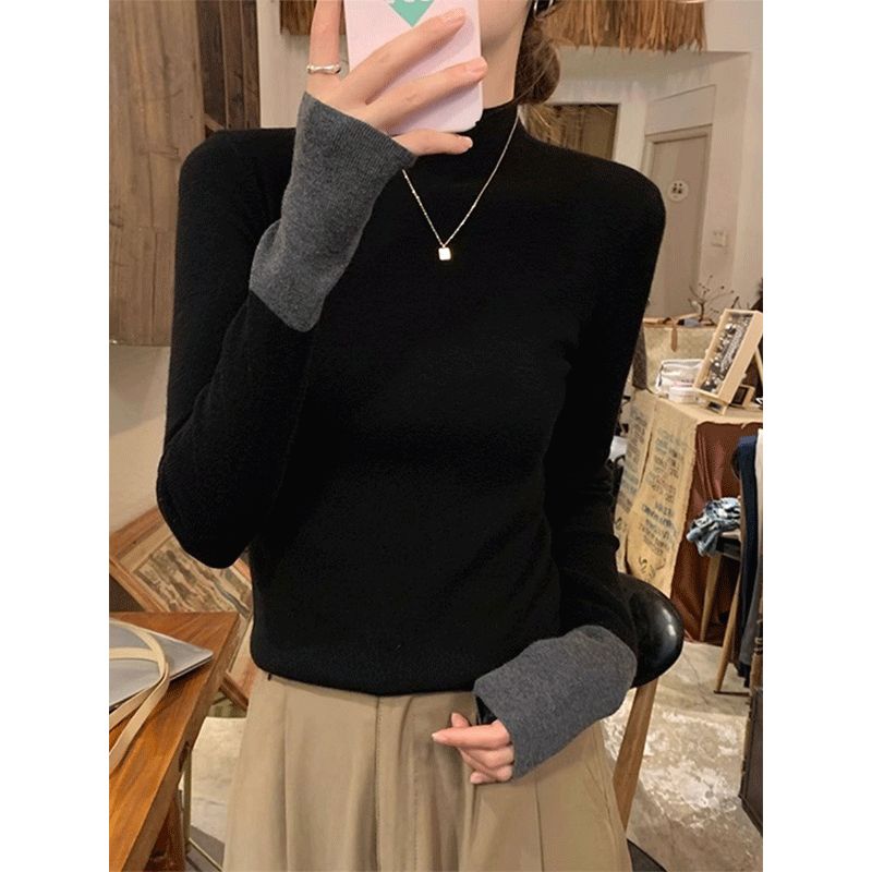 撞色半高领针织毛衣女装早秋修身洋气内搭上衣黑色打底衫女