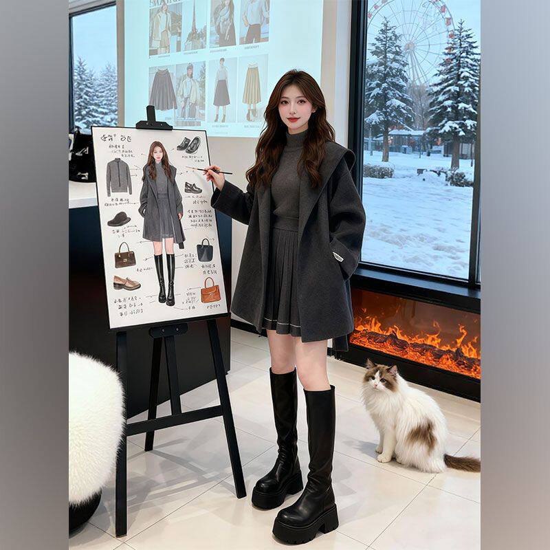 冬季穿搭一整套大码胖mm灰色毛呢外套短裙韩系气质好看三件套装女