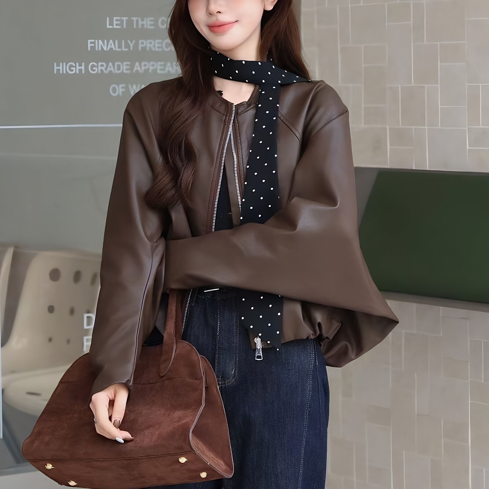韩系高级感蝙蝠袖皮衣外套女秋冬新款2025休闲气质夹克配丝巾短款