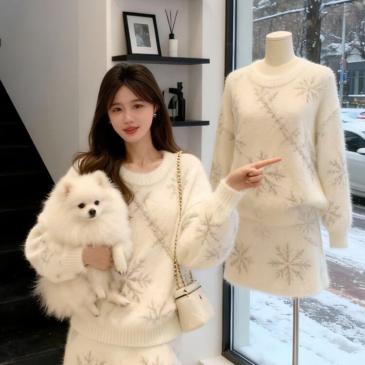 温柔慵懒风雪花针织套装女2026冬季新款时髦百搭毛衣半身裙两件套
