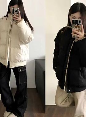 刺绣斜拉链立领短款防寒羽绒服女秋冬季加厚保暖外套面包服