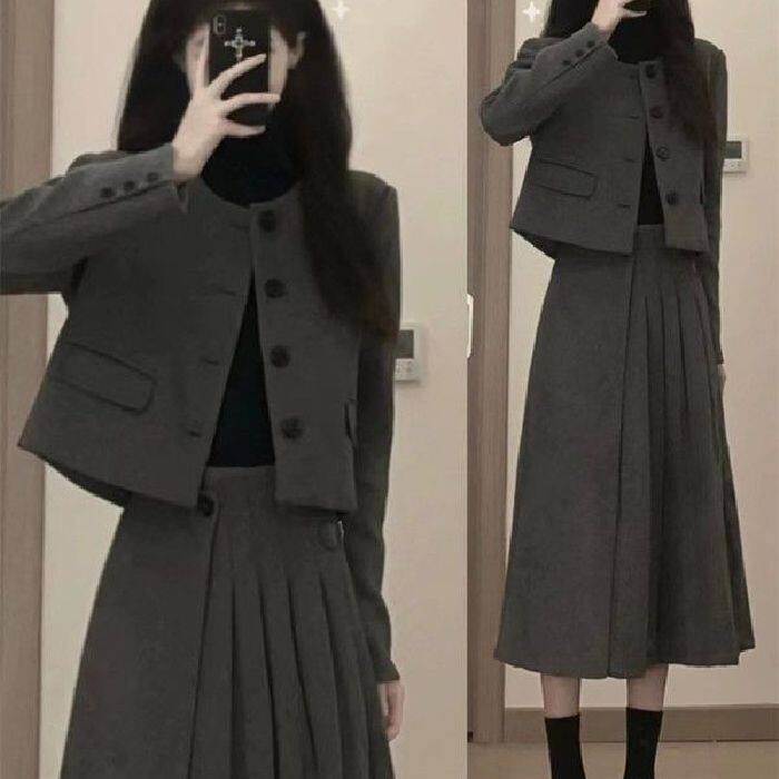 原版质量毛呢套装裙新款气质小个子短款外套女半身裙两件套