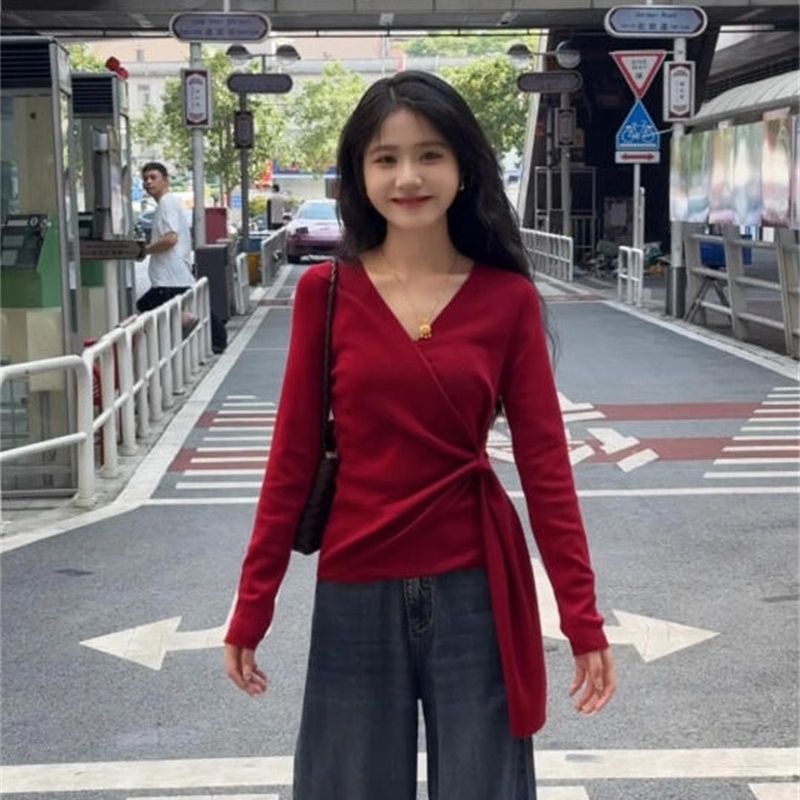 安可拉红色早秋韩系温柔穿搭设计感2025新款高级感长袖女chic上衣