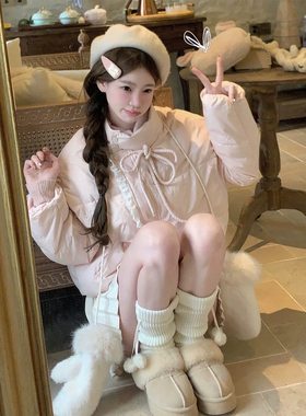 甜美可爱蝴蝶结刺绣粉色羽绒棉服女2025冬季新款小个子短款面包服