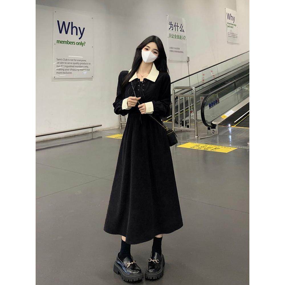 早秋季长袖黑色连衣裙子女秋冬2026新款韩系穿搭一整套初秋季长裙