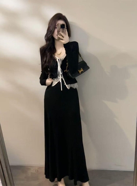 秋季收腰蕾丝设计长袖小香风V领拼接开衫连衣裙套装